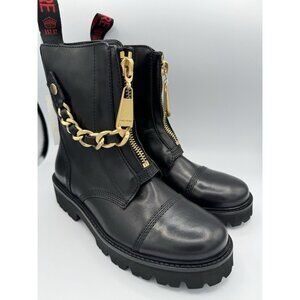Zadig & Voltaire Sz 38 Boots Joe Cecilia Black Leather Combat Gold Chain Goth